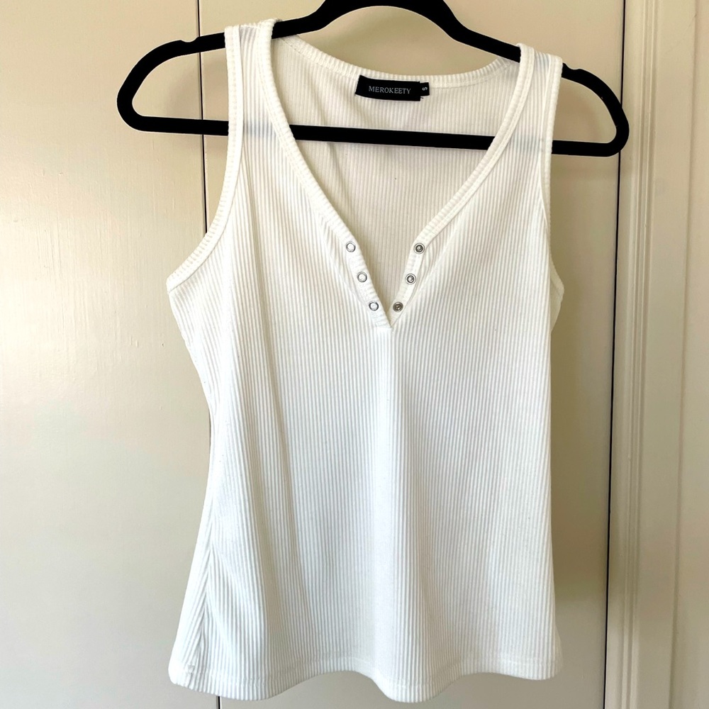 Merokeety White Ribbed Henley Tank Top S Button V Neck Sleeveless Clean Girl